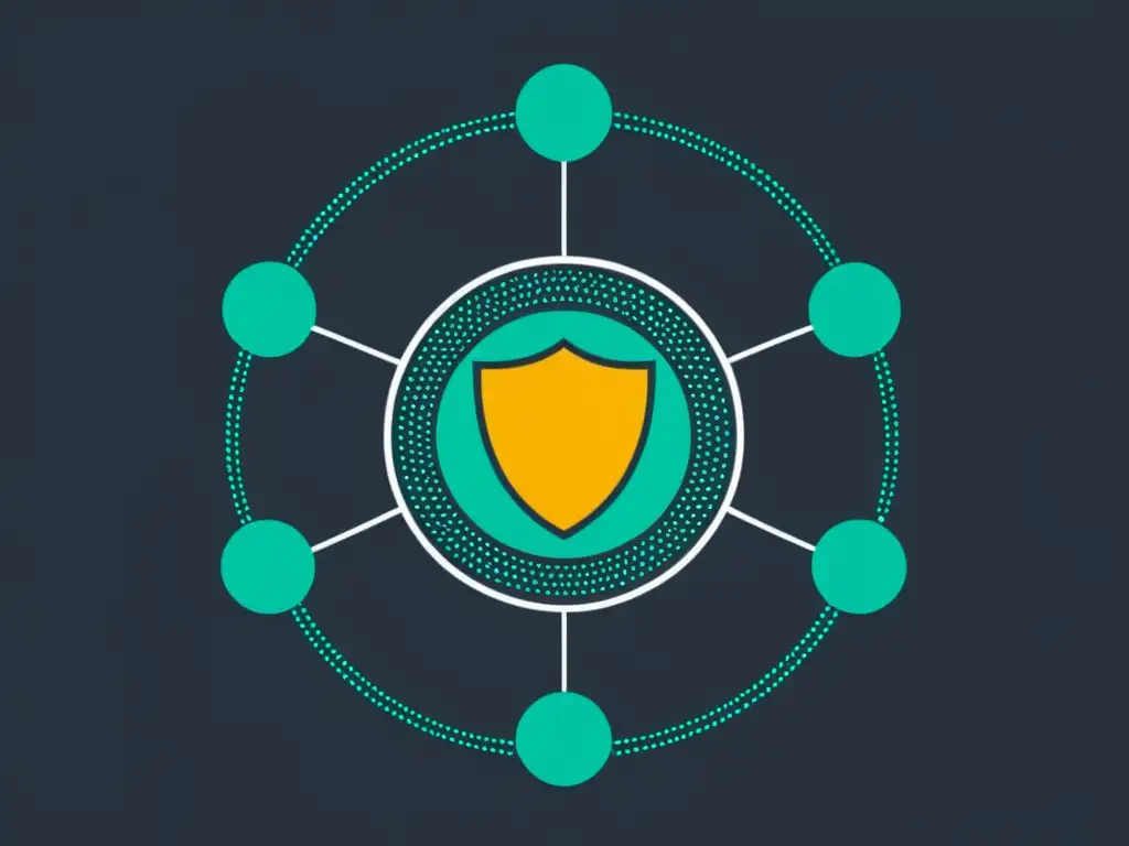 Ilustración minimalista de red digital con nodos representando cultos y escudo protector simbolizando protección de software contra cultos en línea