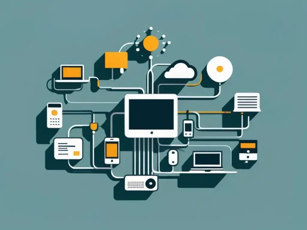 Una ilustración minimalista muestra una red de dispositivos interconectados, representando un moderno sistema de notificación