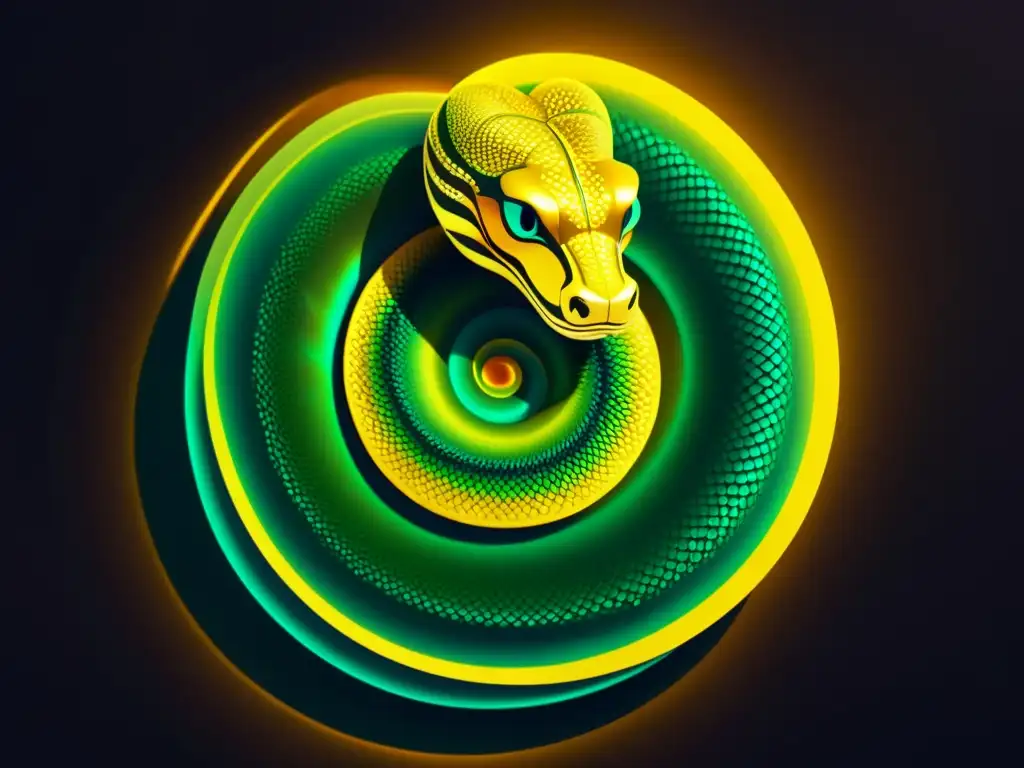 Serpiente mística: resplandor dorado Ilustración minimalista de una serpiente enroscada, con escamas detalladas y colores iridiscentes