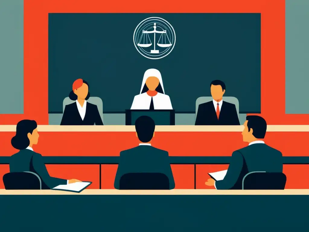 Debate legal: Sectas desafían la ley Ilustración minimalista de un tribunal con jueces, abogados y miembros de una secta debatiendo legalmente
