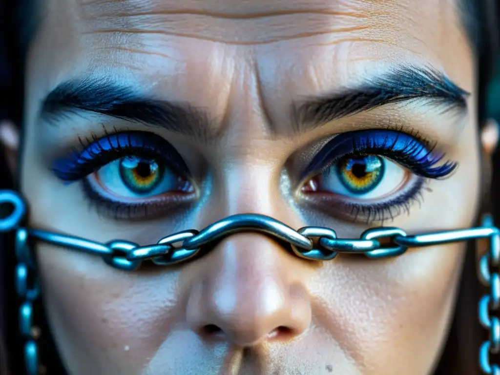 Mirada cautiva: reflejos de cadenas en los ojos Mirada intensa con cadenas reflejadas en los ojos, evocando el control mental en cultos destructivos