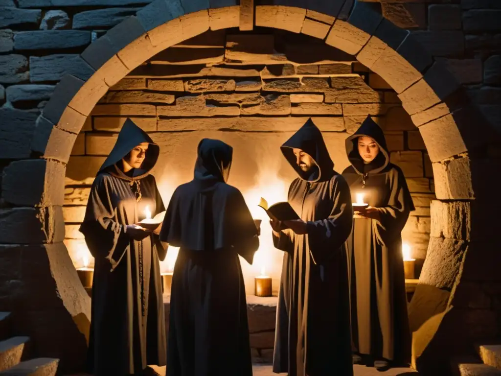 Círculo de sombras: misterio y secretos ocultos Misteriosa reunión de figuras encapuchadas sosteniendo velas en una cámara oscura