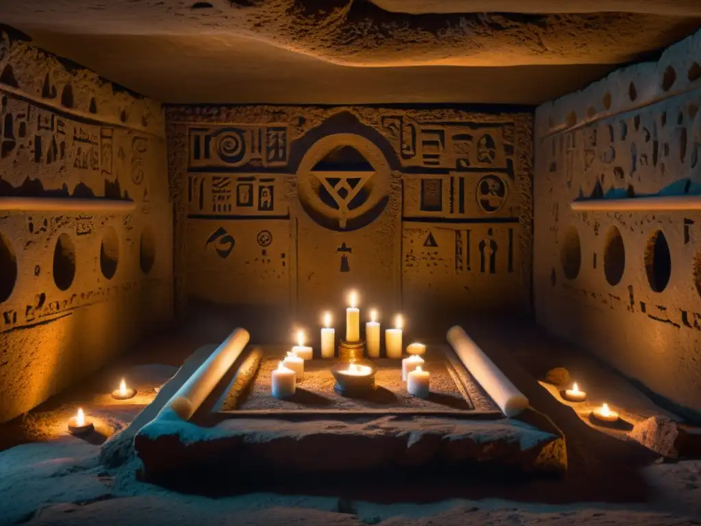 Misterioso altar subterráneo con símbolos antiguos Un misterioso altar en una cámara subterránea con símbolos antiguos, velas y artefactos, evocando los Orígenes de los cultos y enseñanzas