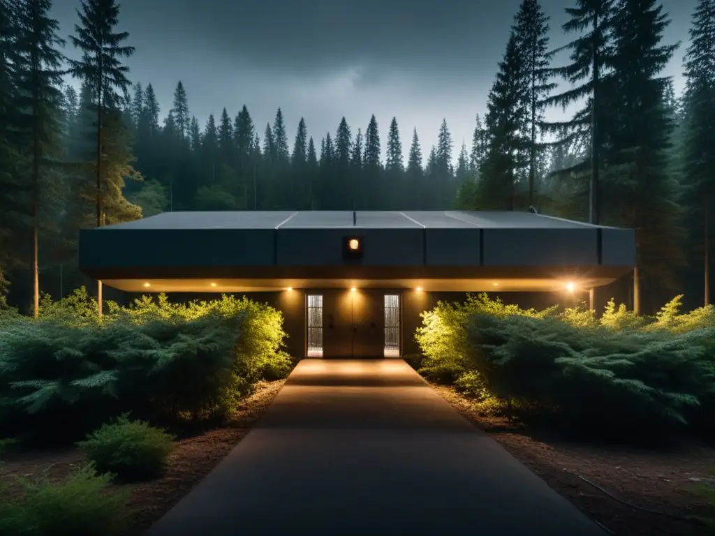 Un misterioso complejo gubernamental escondido en el denso bosque, iluminado por un rayo de luz