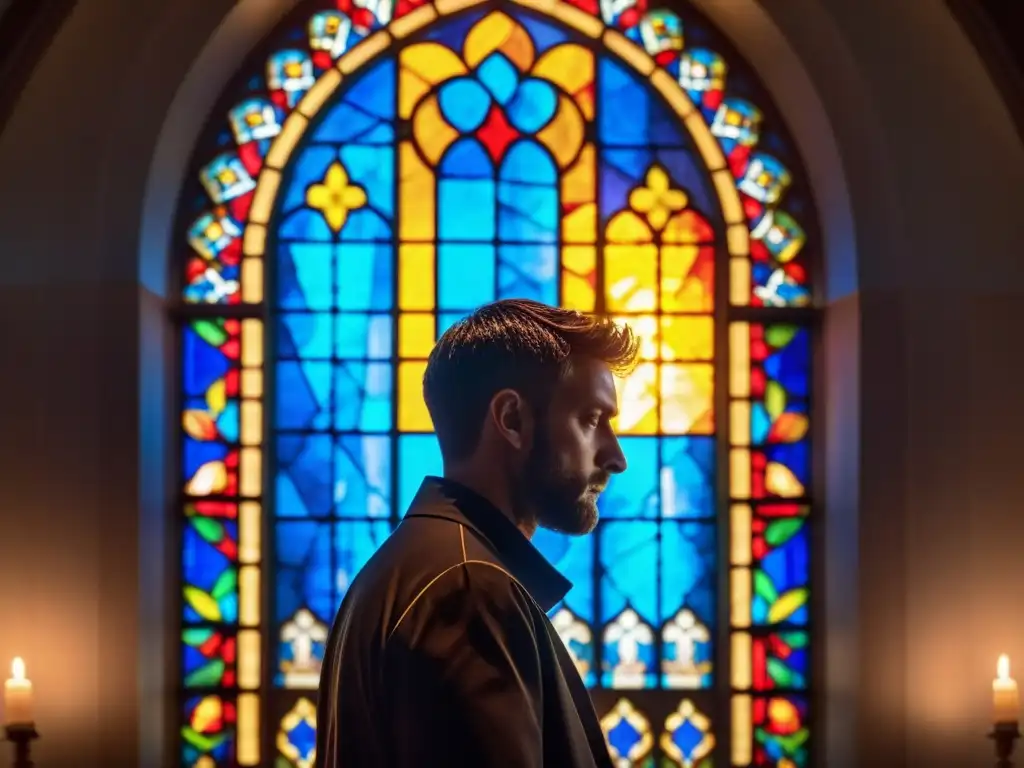 Misterio y reflexión en ventana de vidrio Un misterioso contraste entre la figura sombría y la luminosa vidriera, invita a reflexionar sobre la psicología del extremismo religioso