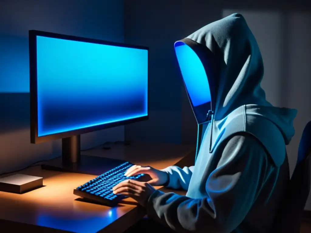 Figura misteriosa trabaja en la penumbra frente a la pantalla azul Un misterioso culto en la red oscura se revela en la luz azul de una pantalla de ordenador en una habitación sombría