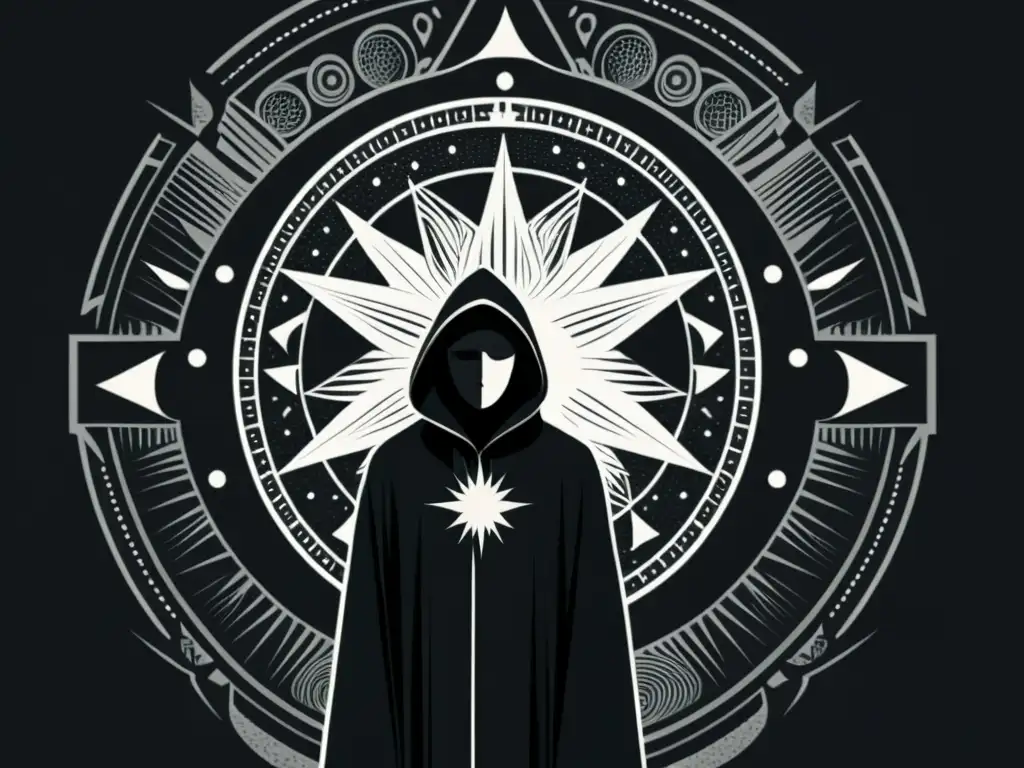 Misterioso símbolo solar y figura encapuchada Un misterioso dibujo en blanco y negro de un personaje encapuchado frente a un elaborado símbolo de la Orden del Templo Solar