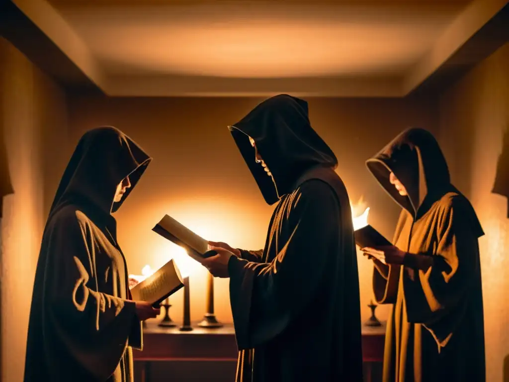 Conspiración misteriosa en la penumbra: La ceremonia de la sabiduría Un misterioso grupo se reúne en una habitación con capuchas y velas, mientras una figura central sostiene un libro