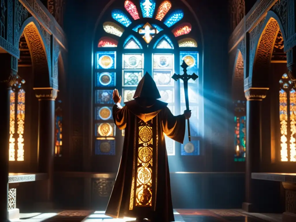 Figura misteriosa en templo iluminado Un misterioso guerrero con capucha sostiene una espada en un templo iluminado de la secta religiosa Guerreros de Goel