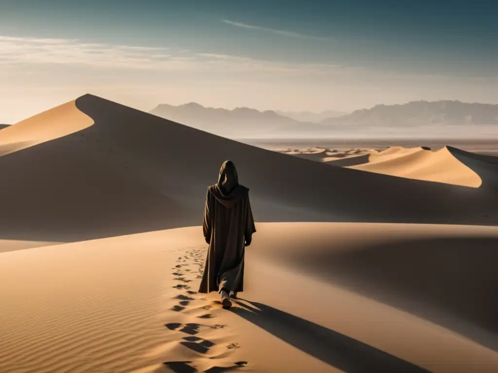 Figura solitaria en el desierto: misterio y poder Un misterioso individuo se encuentra en el borde de un desierto vasto, bajo el sol abrasador