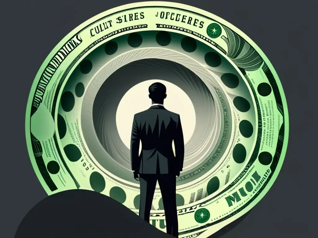 Figura misteriosa rodeada de dinero: consecuencias financieras de sectas Un misterioso modelo de negocio de sectas: figura sombría rodeada de dinero en espiral en tonos de gris