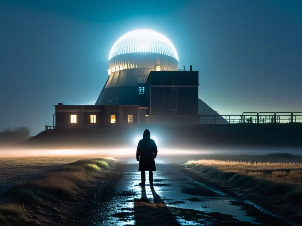 Un misterioso ser se alza en la niebla frente al abandonado proyecto Montauk, evocando experimentos gubernamentales y cultos secretos