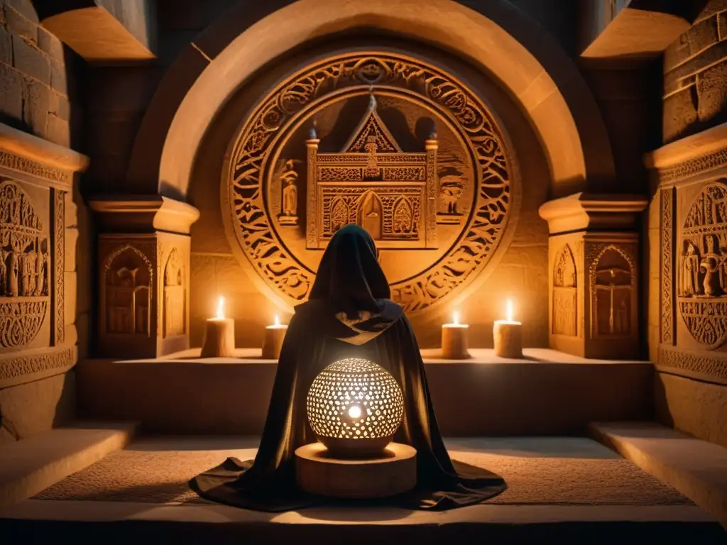 Ritual místico con capucha: culto ancestral y poder Un misterioso ritual en una cámara iluminada con velas, donde una figura encapuchada se dirige hacia un orbe brillante