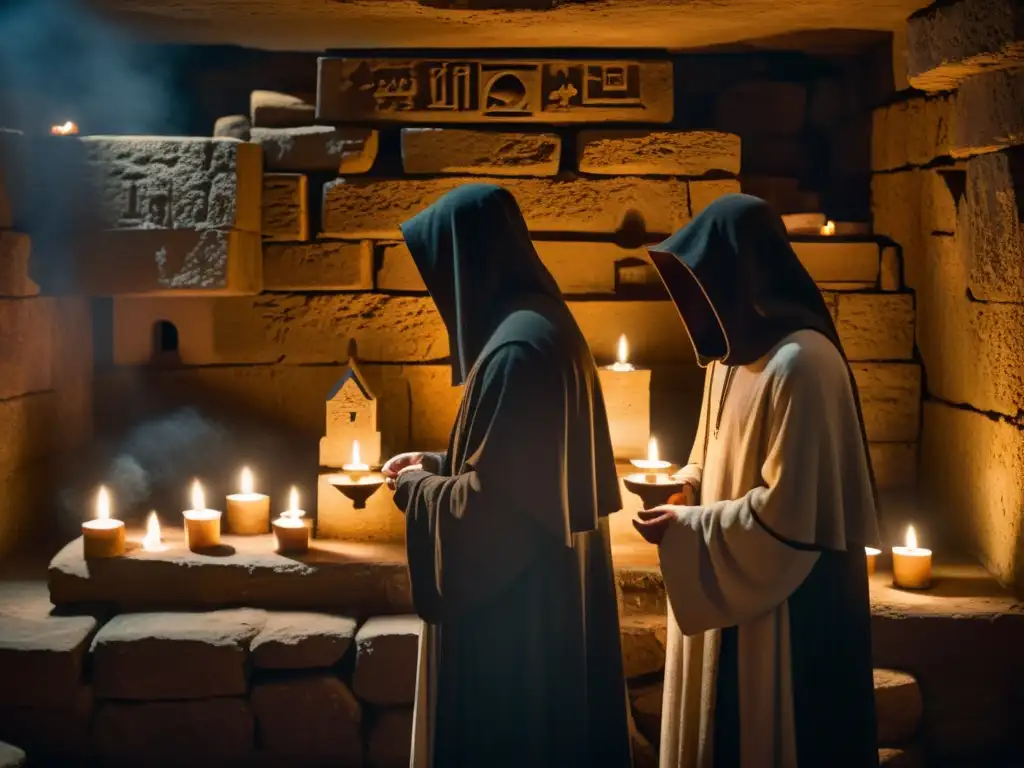 Rituales prohibidos en la Inquisición: misterio y peligro Un misterioso ritual de culto prohibido en la Inquisición: figuras encapuchadas alrededor de un altar iluminado por velas, sumergidas en sombras