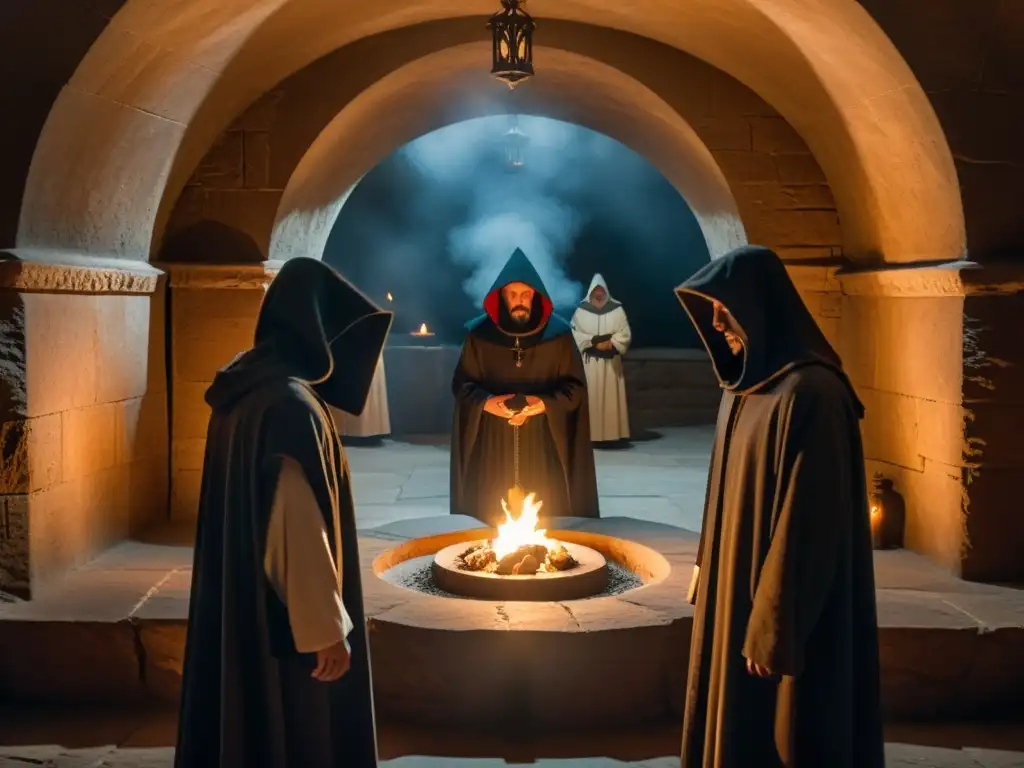 Ritual prohibido de la Inquisición: misterio y peligro Misterioso ritual de cultos prohibidos durante la Inquisición española en una cámara subterránea iluminada por velas
