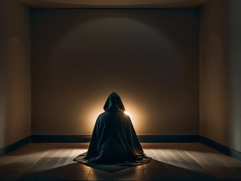 Figura misteriosa en habitación sombría con vela Un misterioso ritual en una habitación tenue iluminada por una vela parpadeante