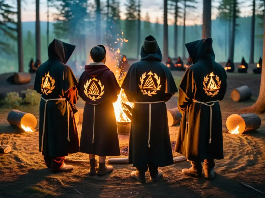 Un misterioso ritual, individuos en túnicas oscuras alrededor de una fogata en el bosque
