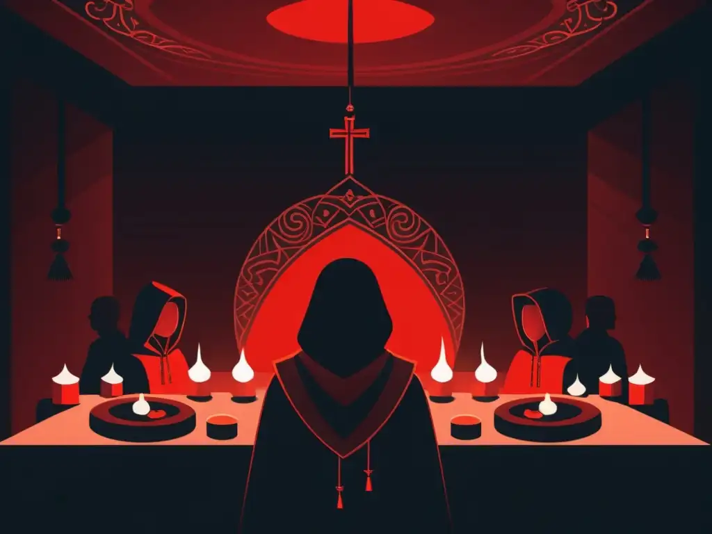 Ritual misterioso en la penumbra: figuras en capuchas alrededor de un altar Un misterioso ritual de iniciación en sectas, donde figuras encapuchadas rodean un altar con símbolos, velas y una atmósfera intrigante