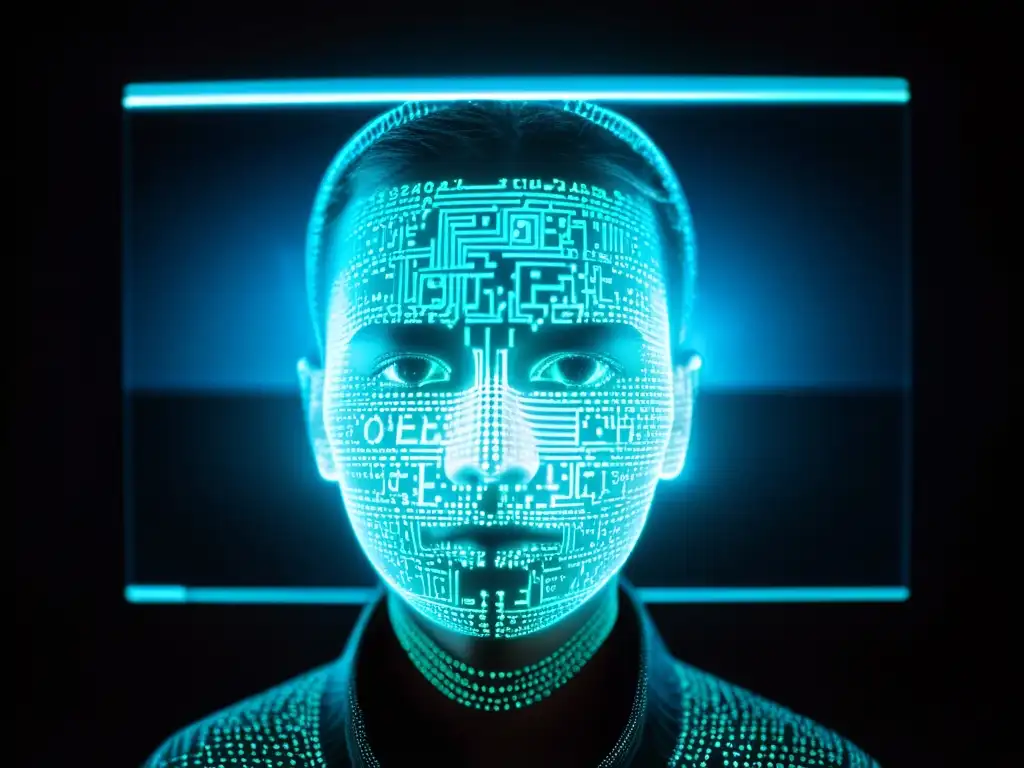 El enigmático brillo del dark web: cultos y conexiones digitales Un misterioso rostro iluminado por el brillo de un monitor con código proyectado