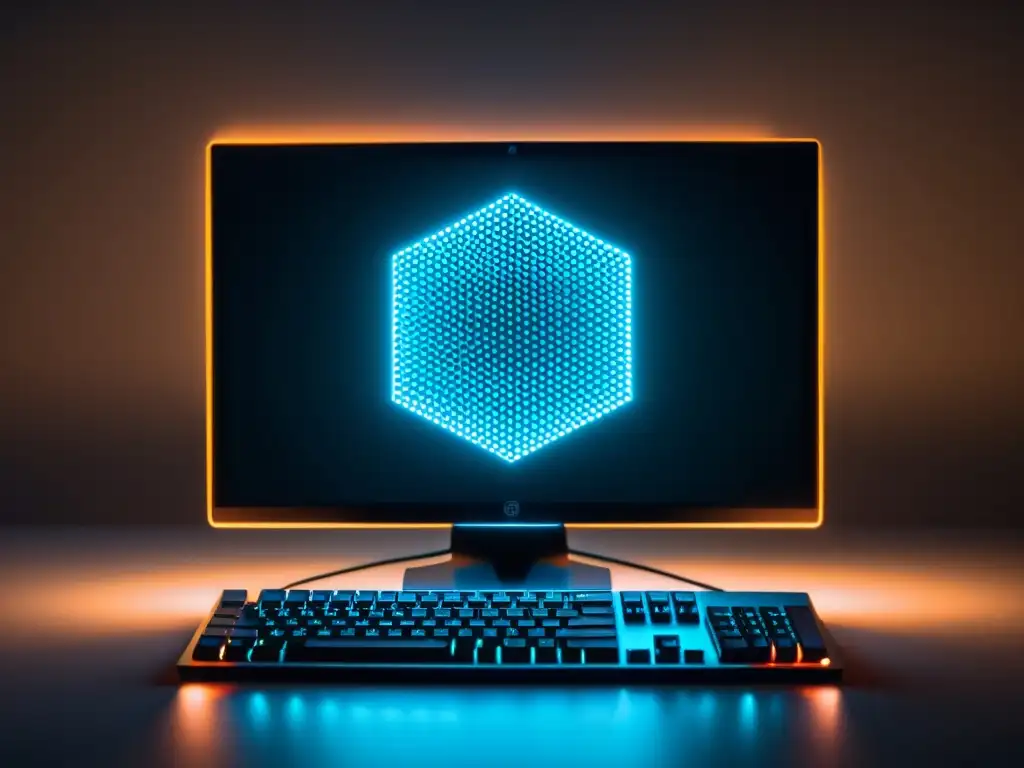 Símbolo enigmático: cultos en la dark web Un misterioso símbolo digital en una pantalla de computadora iluminada, evocando la intriga de los cultos en la red oscura