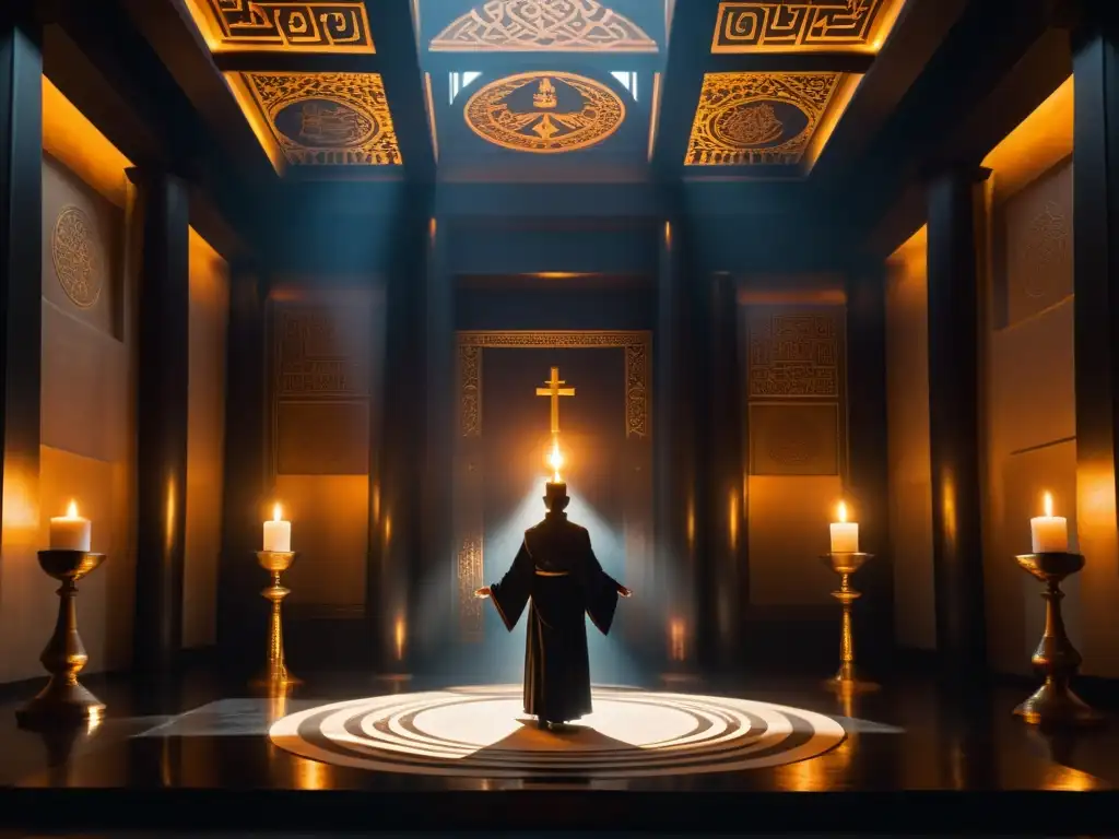 Templo misterioso: Ritual en la Orden del Templo Solar En el misterioso templo iluminado por velas, un misterioso ritual se lleva a cabo por la Orden del Templo Solar