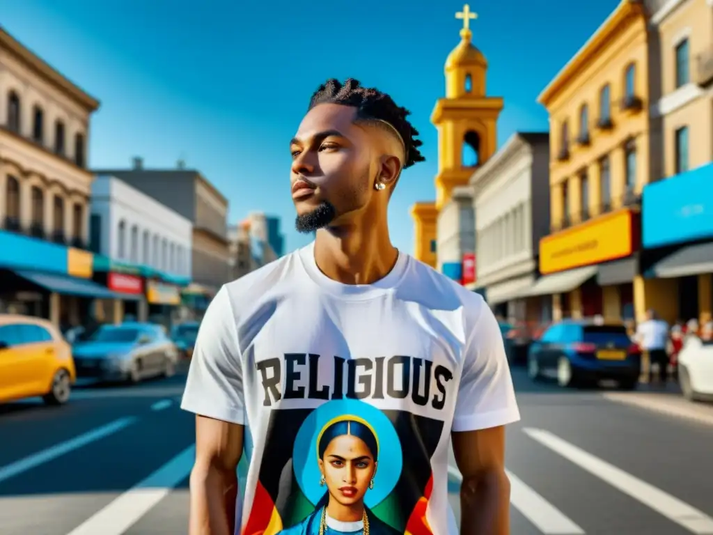 Modelo urbano con camiseta de iconografía religiosa Un modelo urbano luce una camiseta con iconografía religiosa en contraste con la vida citadina