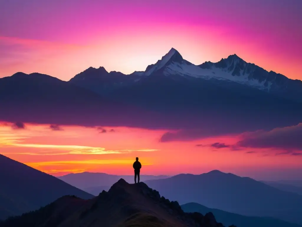 Paisaje de montaña al atardecer: serenidad y contemplación Un momento de contemplación al atardecer en la cima de una montaña, evocando reflexión y paz