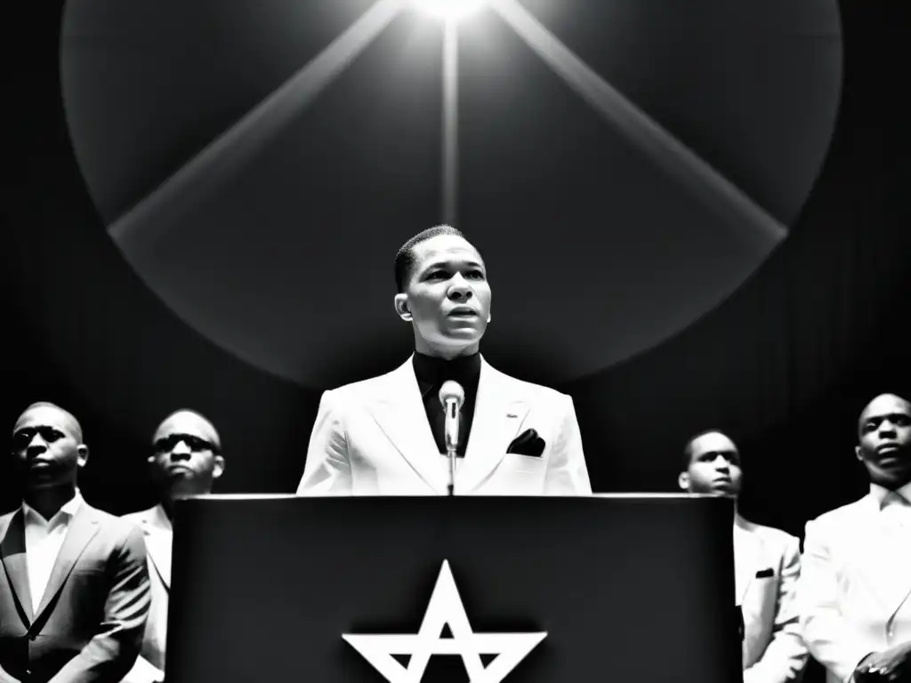 Carisma y liderazgo: Elijah Muhammad guiando a la Nación del Islam Elijah Muhammad, líder carismático de la Nación del Islam, habla ante seguidores atentos en una imagen en blanco y negro llena de dramatismo