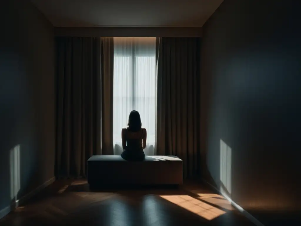 Una mujer solitaria en una habitación tenue, con rostro en sombras