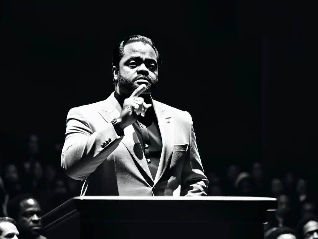 Carisma en el Púlpito: Jim Jones cautiva en blanco y negro Jim Jones emociona a la multitud desde el púlpito en blanco y negro, transmitiendo la intensidad de las Lecciones del Templo del Pueblo