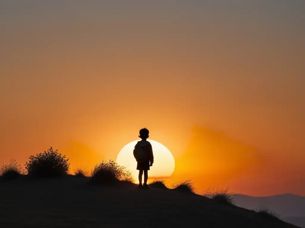 Niño en la colina: contemplación al atardecer 'Niño en colina mirando atardecer, evoca calma y reflexión en contexto de Niños de Dios culto secta'