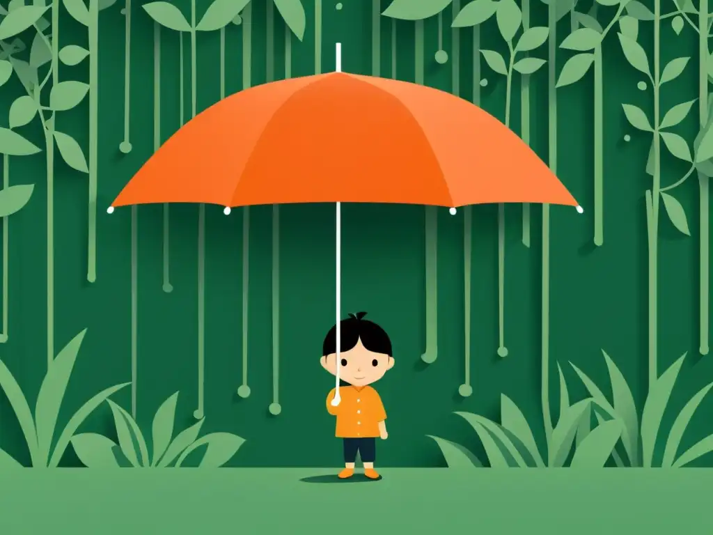 Niño con paraguas protector entre enredaderas, símbolos de protección jurídica menores sectas