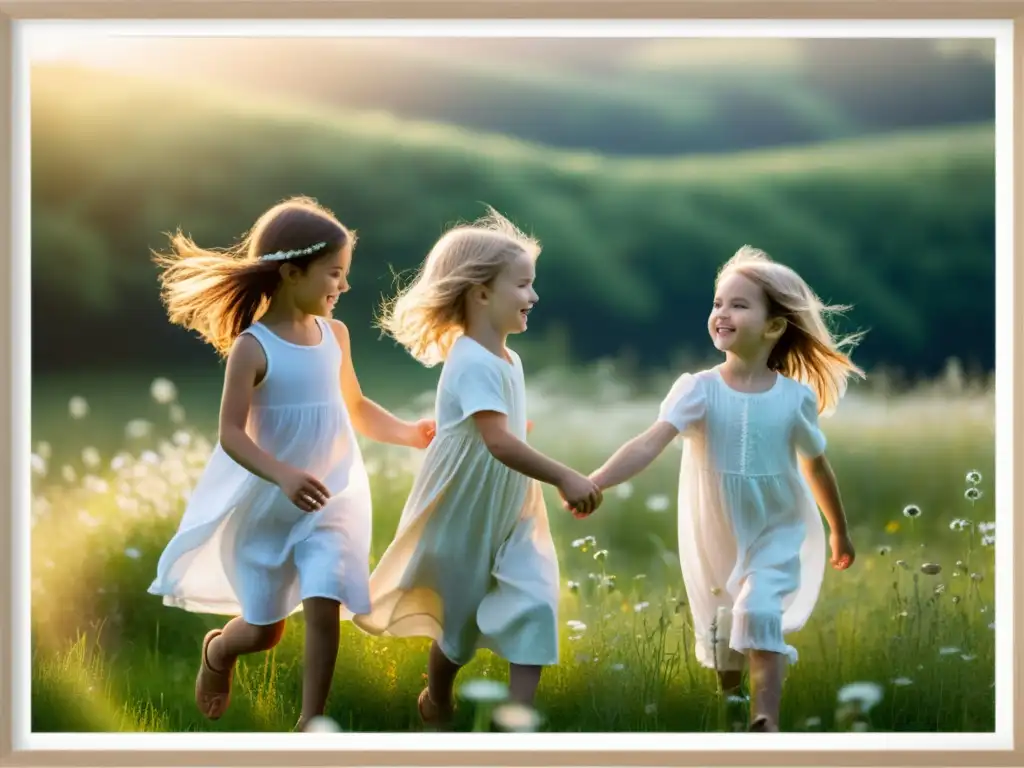 Niños jugando en un campo soleado - Imagen serena y etérea Niños jugando en un campo soleado con un aura etérea y serena, vestidos de blanco en un escenario idílico y libre de preocupaciones