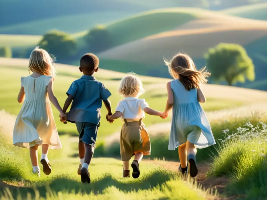 Juegos infantiles en campo soleado: inocencia y alegría Niños de Dios culto secta: Un campo soleado, niños riendo y jugando, creando una atmósfera de inocencia y alegría