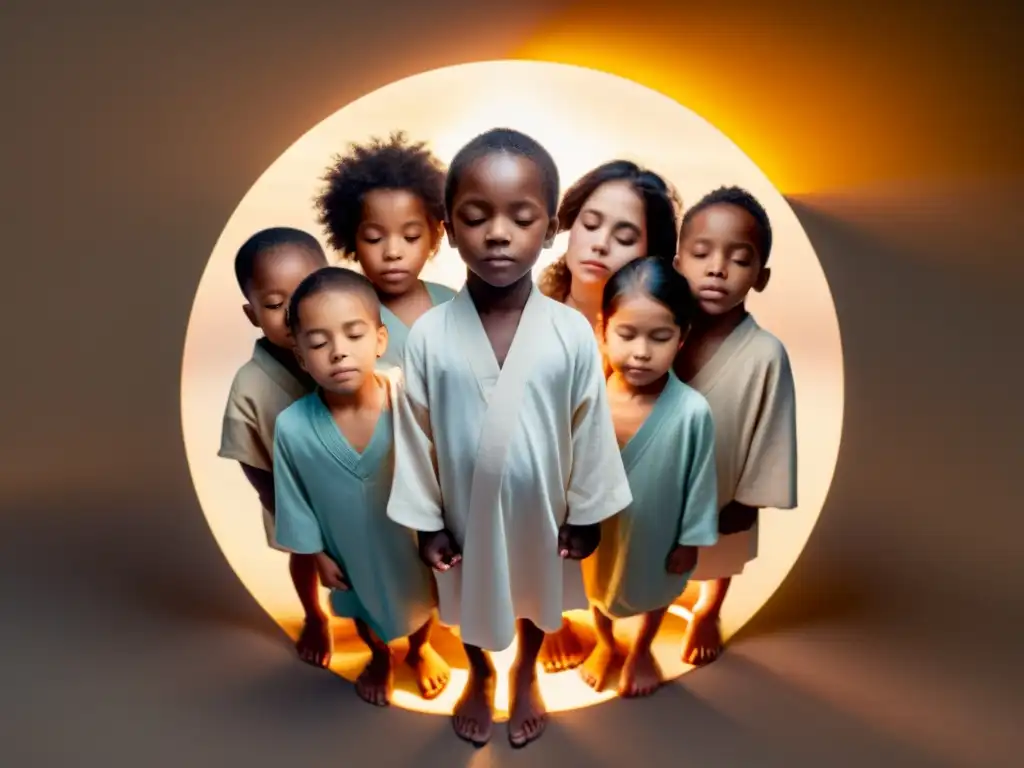 Círculo de niños en paz y unión Los Niños de Dios culto familiar: Niños en círculo, ojos cerrados, expresiones serenas, unidos en paz y unidad