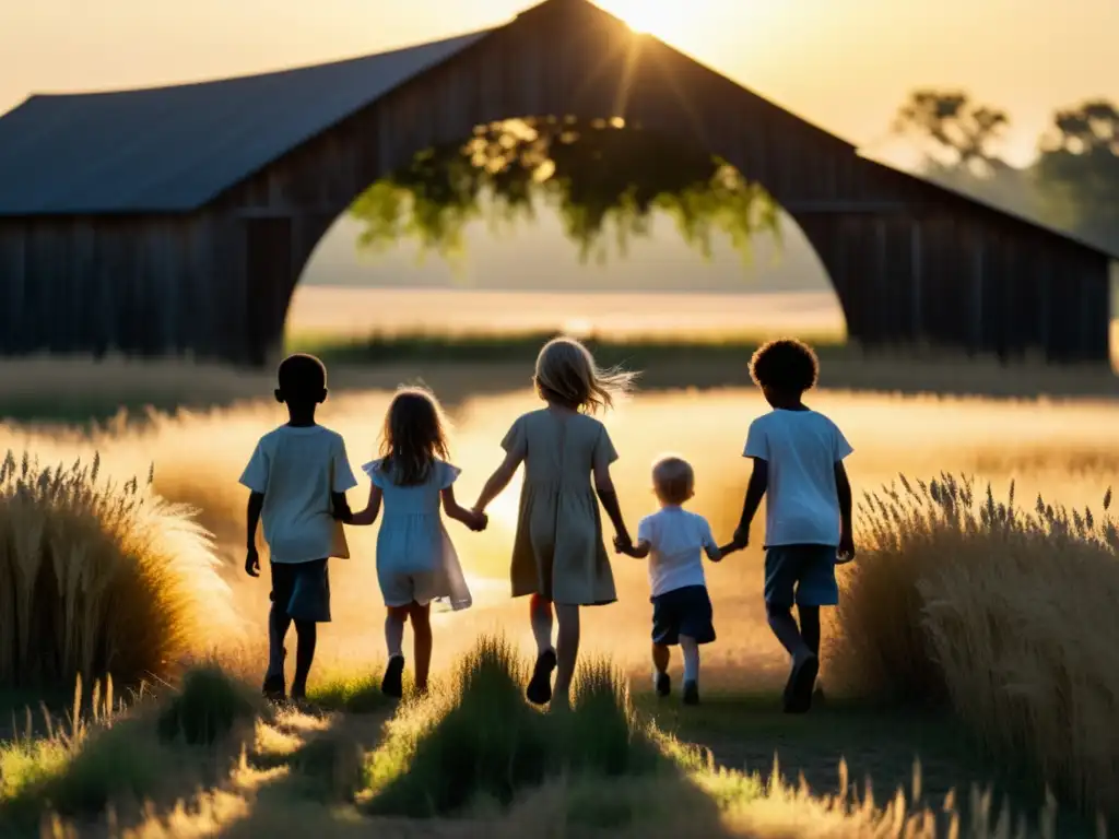 Juego infantil en campo soleado: inocencia y comunidad Los niños de Dios culto familiar: Siluetas de niños tomados de la mano en un campo soleado, evocando inocencia y comunidad