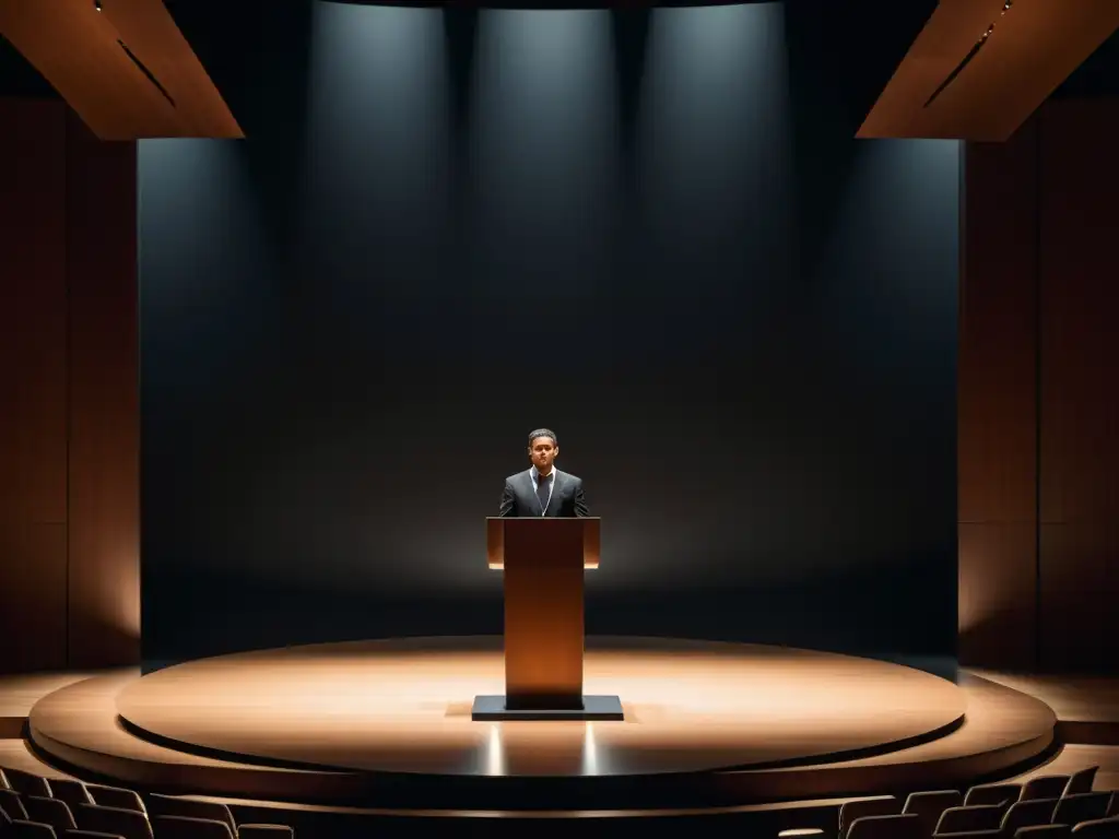 Un orador en un escenario minimalista con técnicas de manipulación sectaria oratoria, cautivando con su mirada y presencia dominante