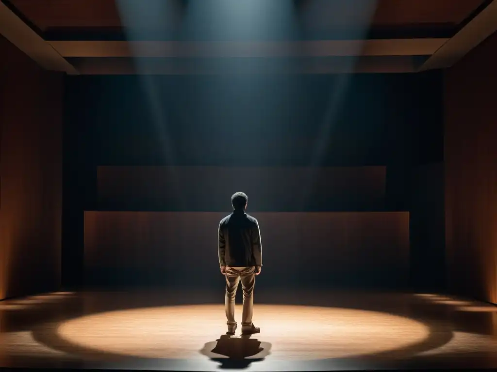 Un orador solitario en un escenario iluminado, cautiva con su mirada y gestos en una atmósfera hipnótica de técnicas de manipulación sectaria oratoria