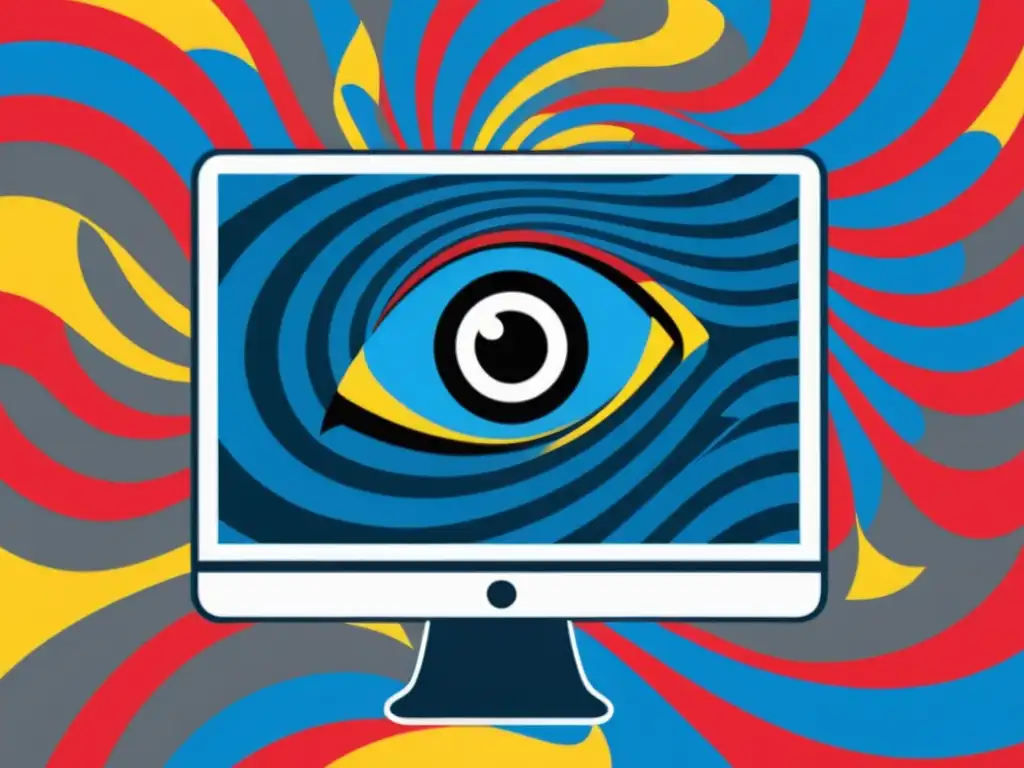 Cibersecta: pantalla hipnótica en azul rodeada de advertencias Ordenador con patrón hipnótico en azul vibrante rodeado de señales de advertencia en rojo y amarillo, captando la atmósfera inquietante de identificar una cibersecta: características y consecuencias