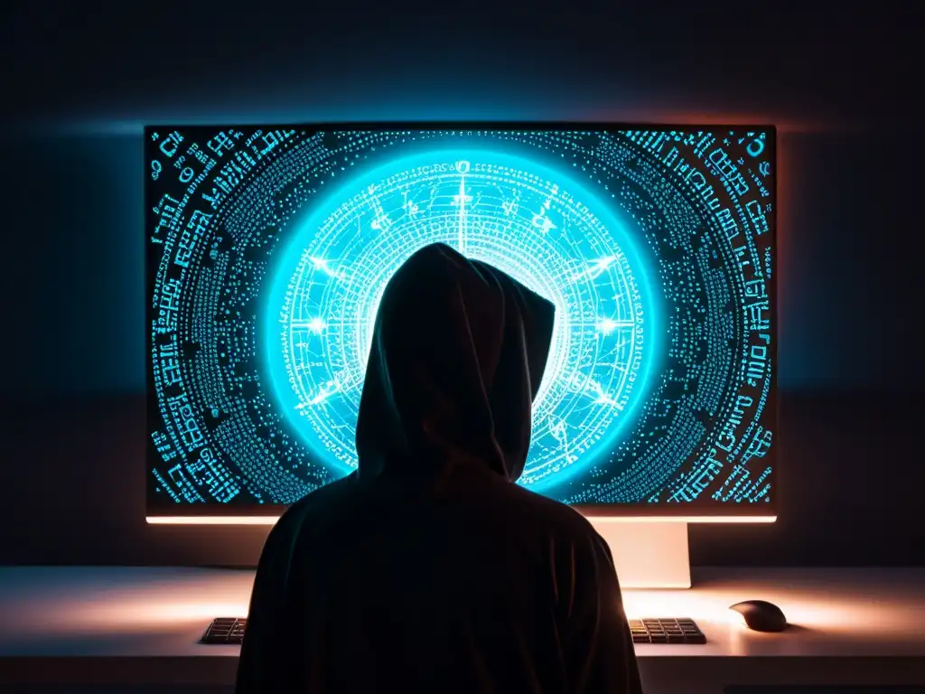 Invocación en la Red Oscura: Arte Digital Minimalista Figura en la oscuridad con pantalla brillante y símbolos reflejados en sus ojos, evocando la evolución de cultos en la red oscura