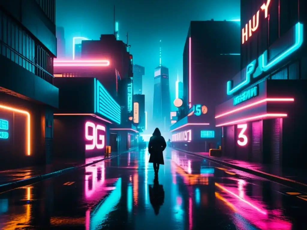 Un oscuro paisaje urbano futurista con neones reflejados en el pavimento húmedo, creando una atmósfera ciberpunk
