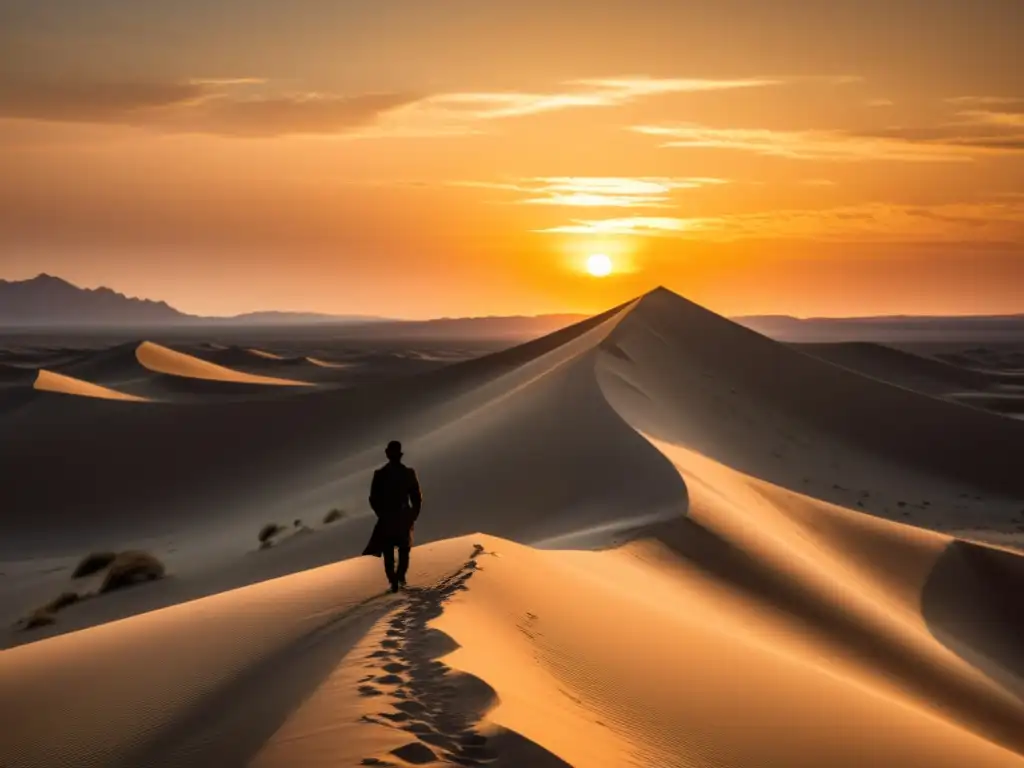 Un paisaje desértico al atardecer, con una figura solitaria caminando hacia el horizonte
