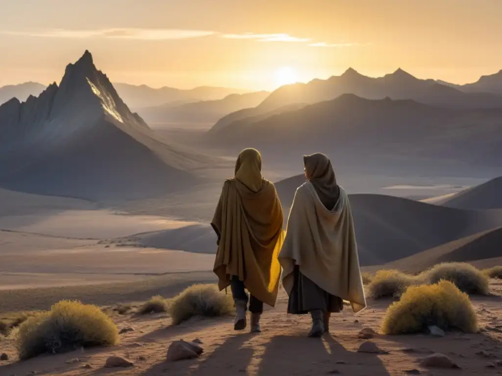 Un paisaje desolado y ventoso con refugiados en busca de refugio