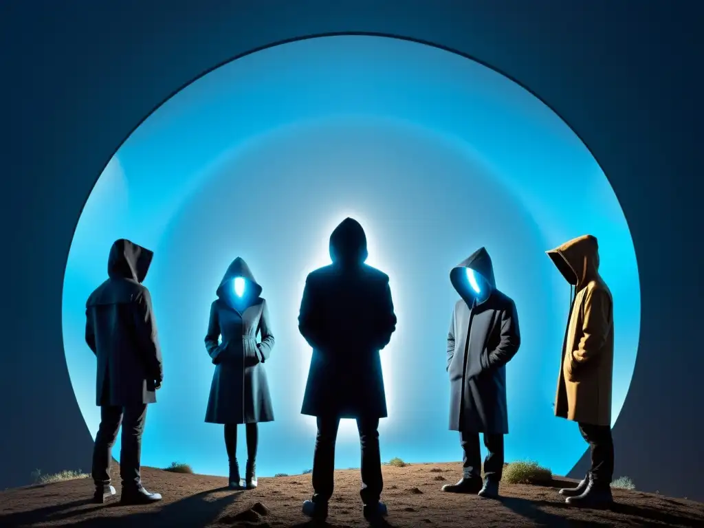 Un paisaje digital minimalista con figuras encapuchadas reunidas alrededor de una pantalla brillante, iluminadas por una luz azul misteriosa