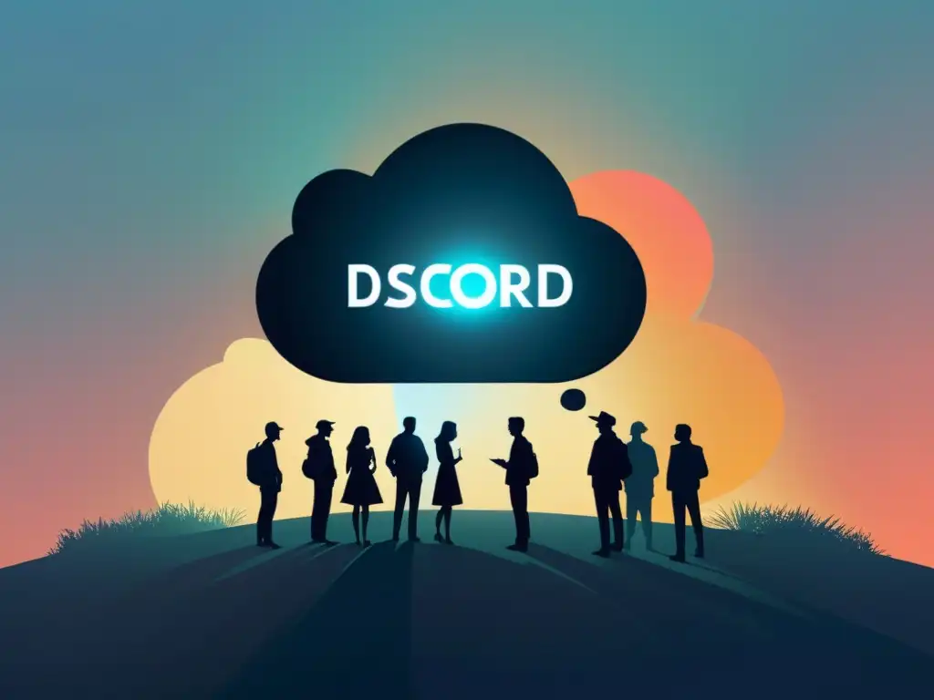 Encuentro en la Red: Culto Digital en la Oscuridad Un paisaje digital sereno con figuras misteriosas alrededor de una burbuja de chat encriptada, evocando comunidades encriptadas de culto en Discord