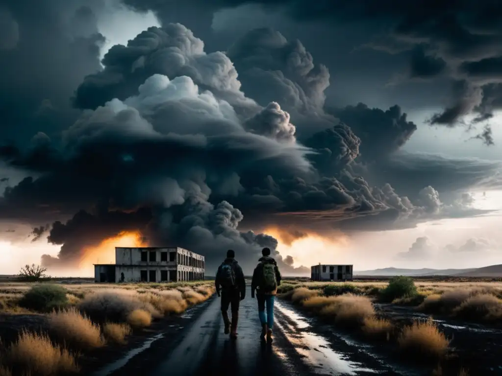 Un paisaje postapocalíptico con un cielo tormentoso y nublado, dando un aura apocalíptica
