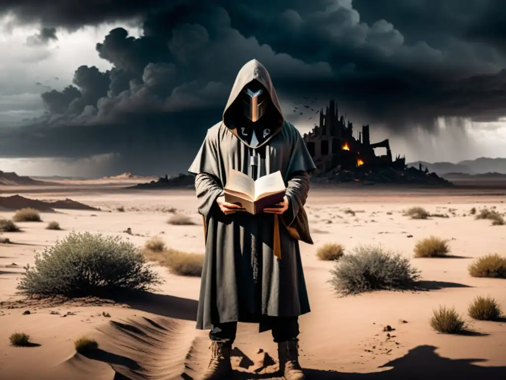 En un paisaje postapocalíptico, una misteriosa figura encapuchada sostiene un libro con símbolos extraños