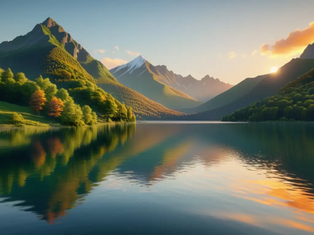 Paisaje sereno al atardecer: lago calmado y montañas doradas Un paisaje sereno con un lago tranquilo, montañas majestuosas y un cielo colorido
