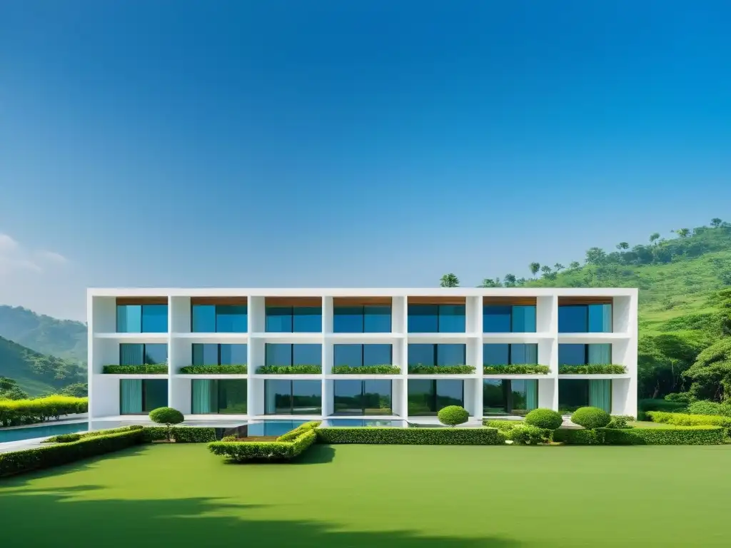 Comunidad serena en Rajneeshpuram: armonía natural Un paisaje sereno y minimalista del extenso culto de Rajneeshpuram amor libre, rodeado de exuberante vegetación y un cielo azul claro