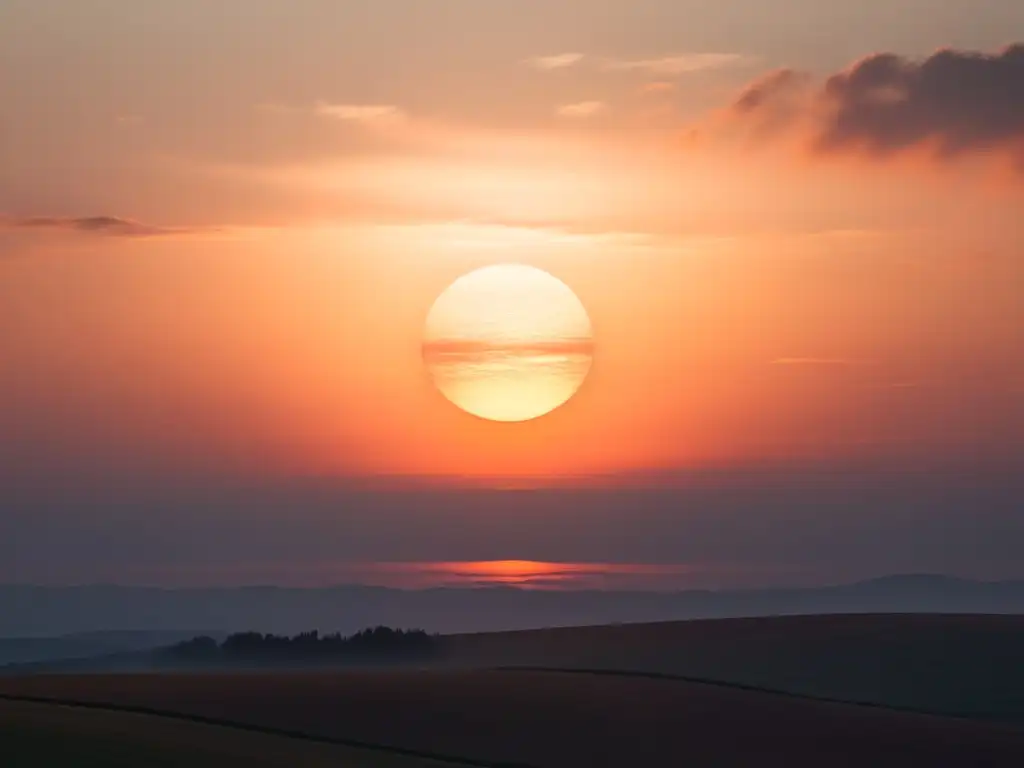 Atardecer sereno: paisaje tranquilo con sol y reflejos Un paisaje sereno y minimalista con el sol poniéndose sobre el horizonte, creando una atmósfera cálida y tranquila